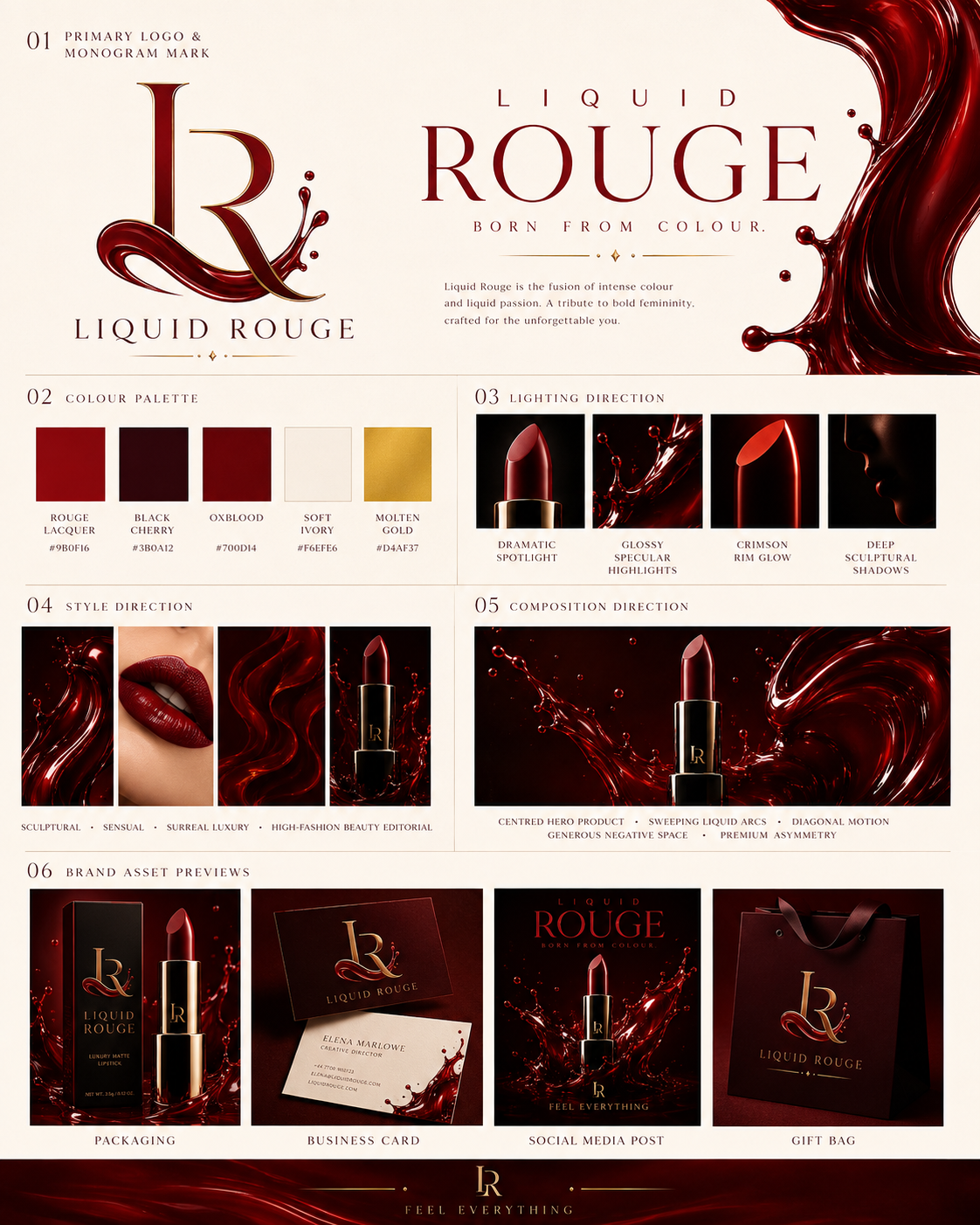 Liquid Rouge luxury brand board showing logo, palette, lighting and packaging